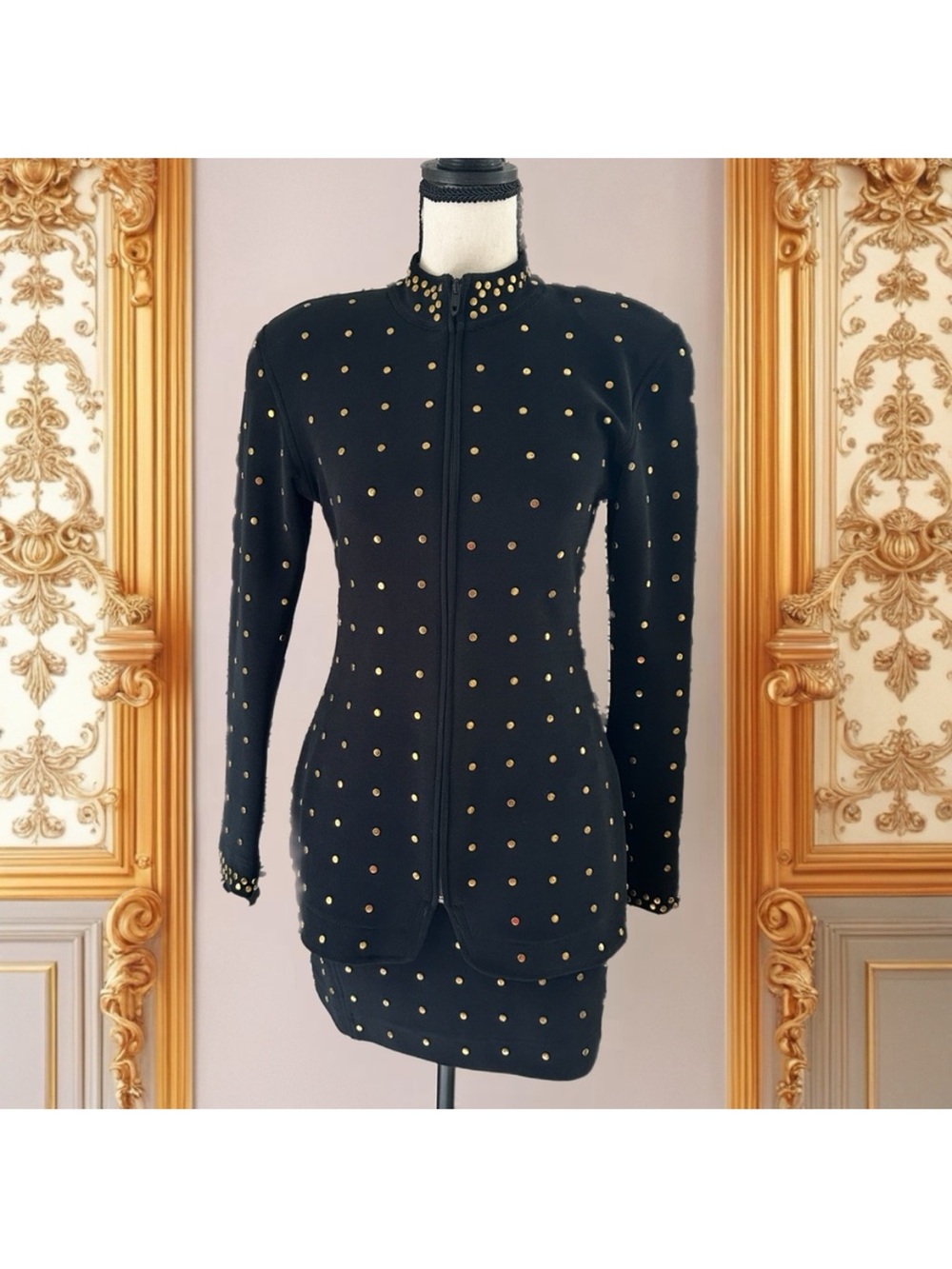 Vintage Cache Black Mini Skirt with Gold Stud Accent suit jacket